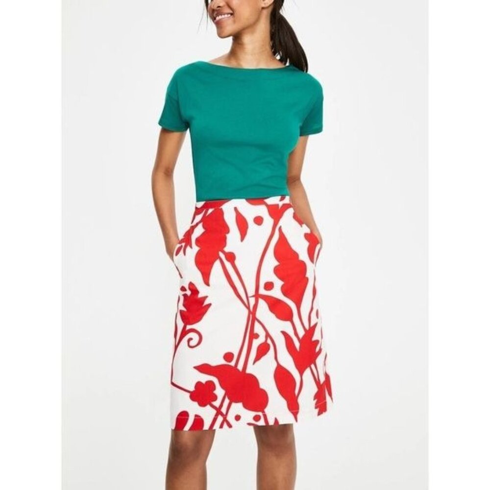 Boden 6R Red White Floral Vine Print Skirt Pockets Lined T0102 Summer Vacation‎